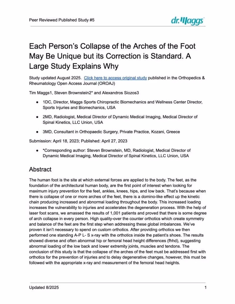 First page of a peer-reviewed study titled 'Each Person’s Collapse of the Arches of the Foot May Be Unique but its Correction is Standard.' The page includes author names, affiliations, abstract detailing a study on foot arch collapse and orthotic treatment.