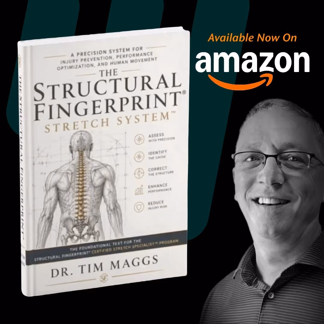 Book titled 'The Structural Fingerprint Stretch System' by Dr. Tim Maggs, with his smiling portrait and Amazon logo.