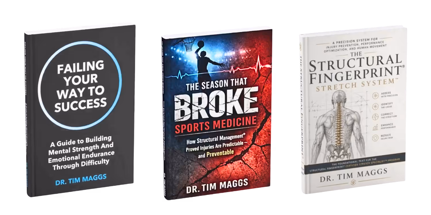 Three books by Dr. Tim Maggs on mental strength, sports medicine injuries, and structural fingerprint stretch system.
