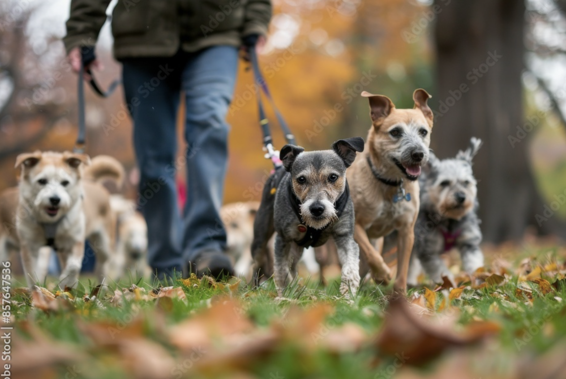 A group of dogs on leashes being walked together.