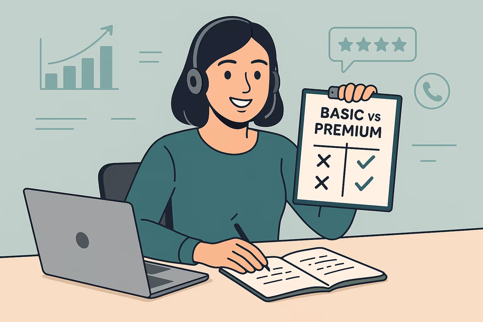 A modern, flat-style digital illustration of a telecaller woman seated at a desk in front of a laptop, wearing a headset and smiling confidently. She is holding up a notepad or clipboard facing the viewer that clearly shows a comparison titled “Basic vs Premium” with checkmarks and crosses. Her other hand rests near handwritten notes on the desk. The workspace feels professional and minimal, with subtle UI elements like charts, rating stars, or call icons in the background. The composition is clean with a hub-and-focus design, soft lighting, human-like proportions, and a friendly expression. The style is minimal, aesthetic, and flat illustration. The color palette includes teal green with light neutrals, evoking a helpful, consultative, sales-support-driven mood. The aspect ratio is landscape 16:10, and the background is simple, uncluttered, with a modern office feel.