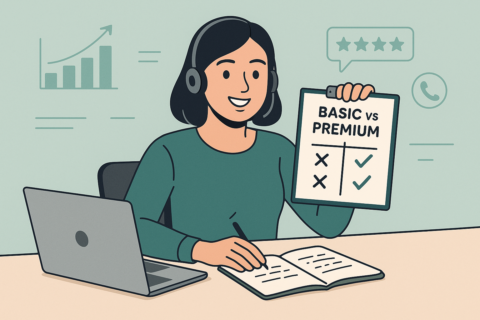 A modern, flat-style digital illustration of a telecaller woman seated at a desk in front of a laptop, wearing a headset and smiling confidently. She is holding up a notepad or clipboard facing the viewer that clearly shows a comparison titled “Basic vs Premium” with checkmarks and crosses. Her other hand rests near handwritten notes on the desk. The workspace feels professional and minimal, with subtle UI elements like charts, rating stars, or call icons in the background. The composition is clean with a hub-and-focus design, soft lighting, human-like proportions, and a friendly expression. The style is minimal, aesthetic, and flat illustration. The color palette includes teal green with light neutrals, evoking a helpful, consultative, sales-support-driven mood. The aspect ratio is landscape 16:10, and the background is simple, uncluttered, with a modern office feel.
