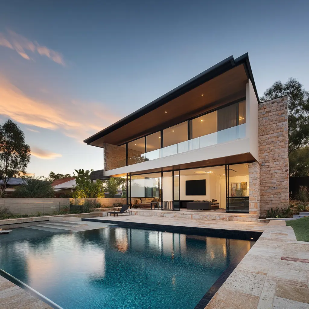 Modern luxury home exterior with swimming pool at sunset
