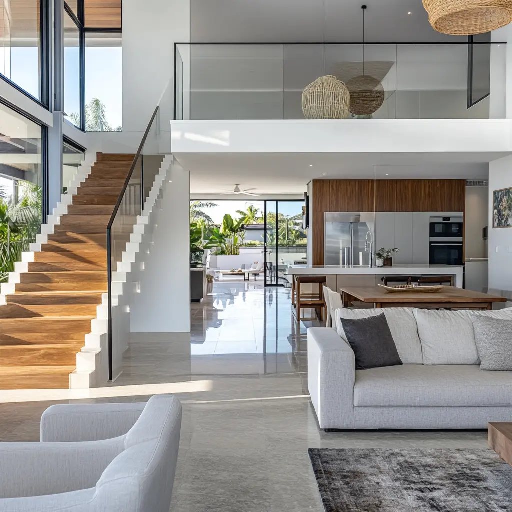 Modern open-plan living room with wooden staircase interior design