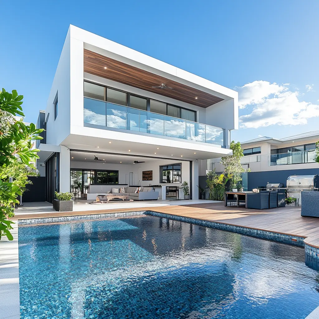 Contemporary white residential house exterior with swimming pool