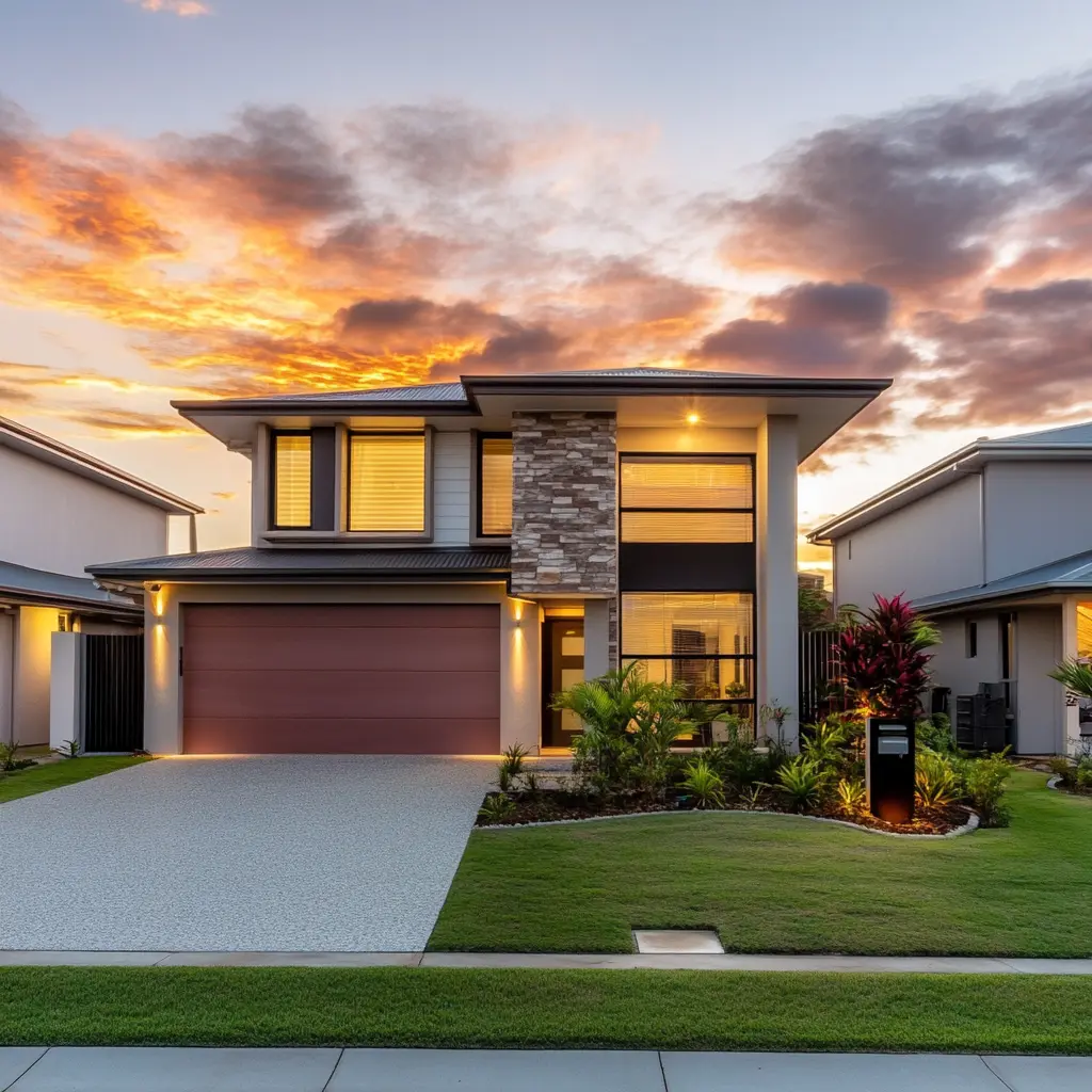 Modern two-story suburban family home at dusk