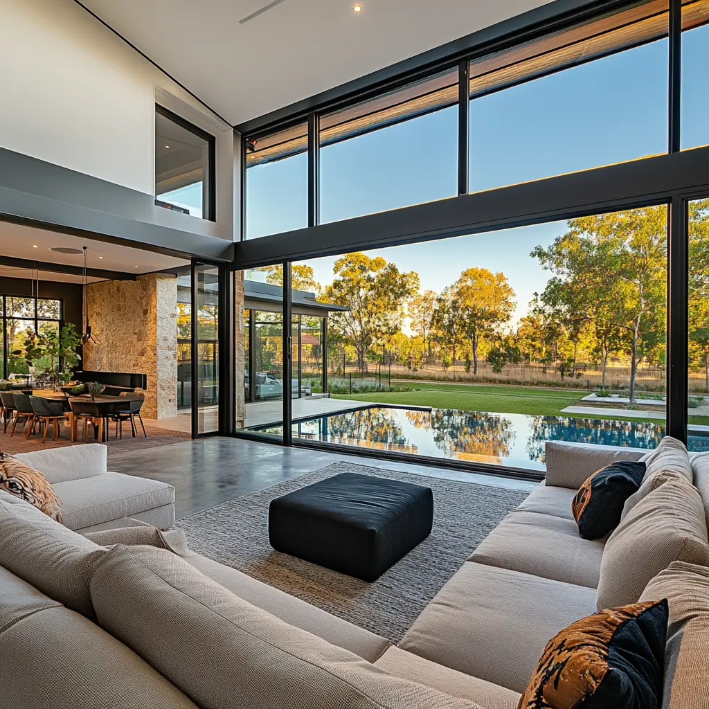 Luxury open-concept living room with scenic view windows