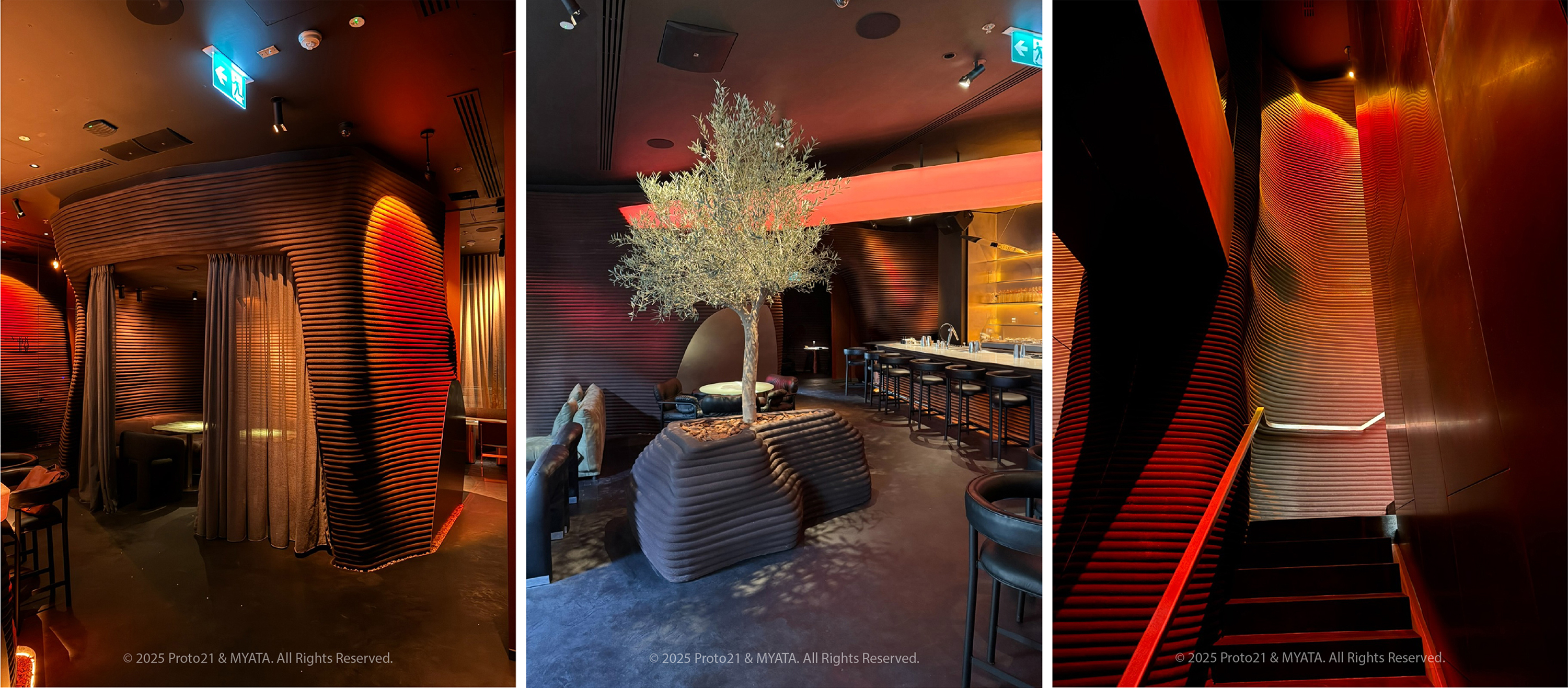 Interior view of MYATA Restaurant, featuring canyon-inspired 3D printed structures that create an immersive, natural atmosphere with sand-texture finishes.