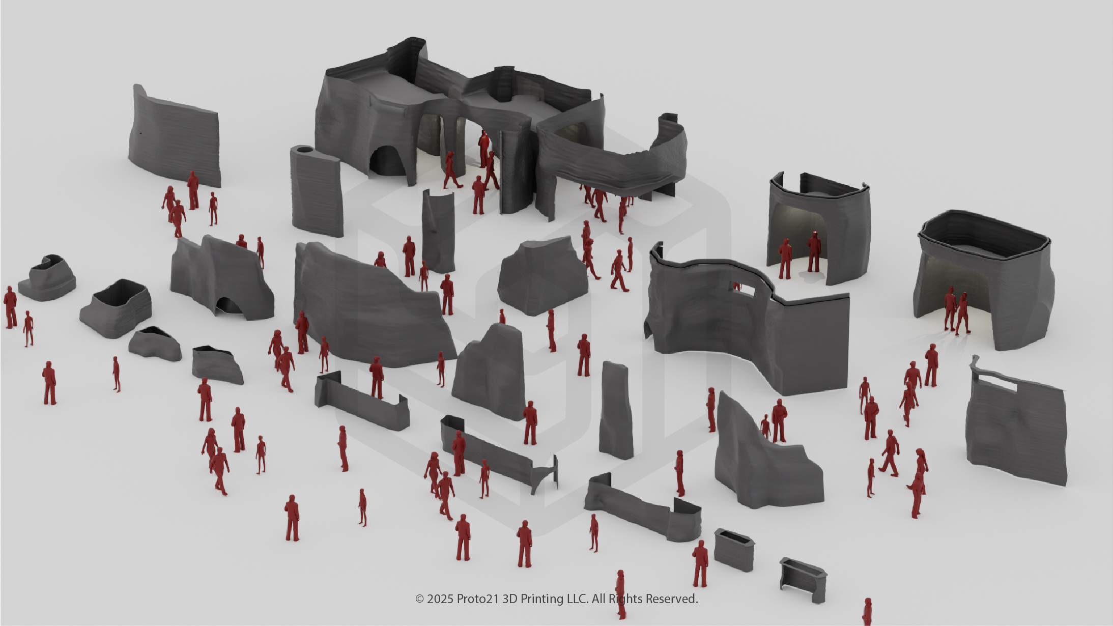 3D illustration of MYATA Restaurant’s overall design, showcasing the integration of 23 large 3D printed canyon-like structures.