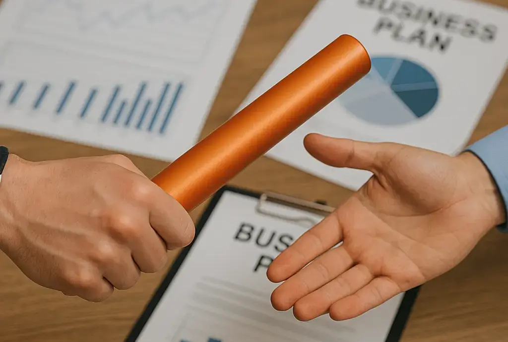 Staffelübergabe mit Businessplänen im Hintergrund