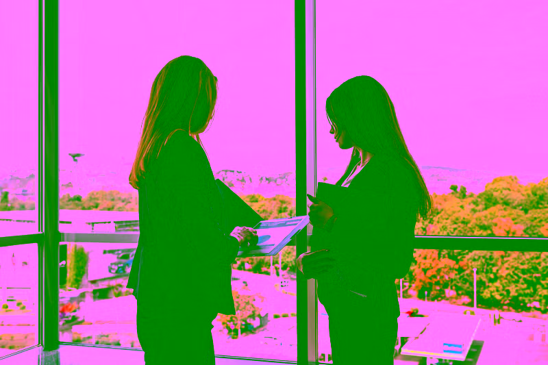 Two women standing in front of a window looking out at a city