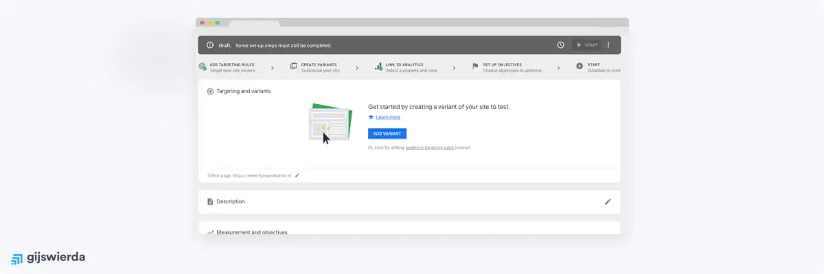 ab test variant maken in google optimize