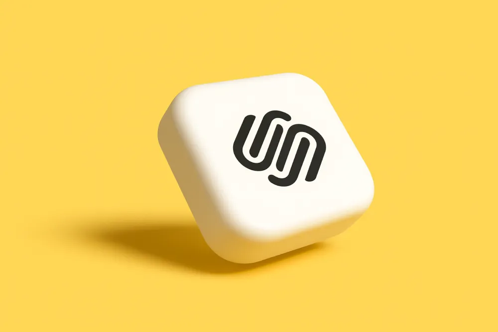 3D-pictogram met het Squarespace-logo op gele achtergrond