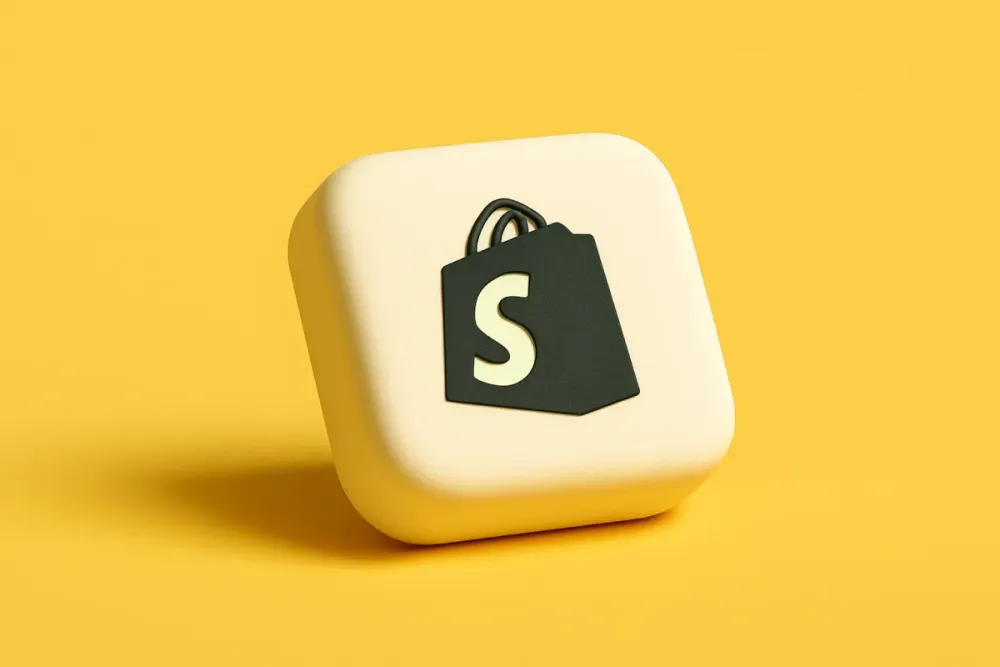 3D-pictogram met het Shopify-logo op gele achtergrond — heroafbeelding bij ‘Alles wat je moet weten over Shopify’.