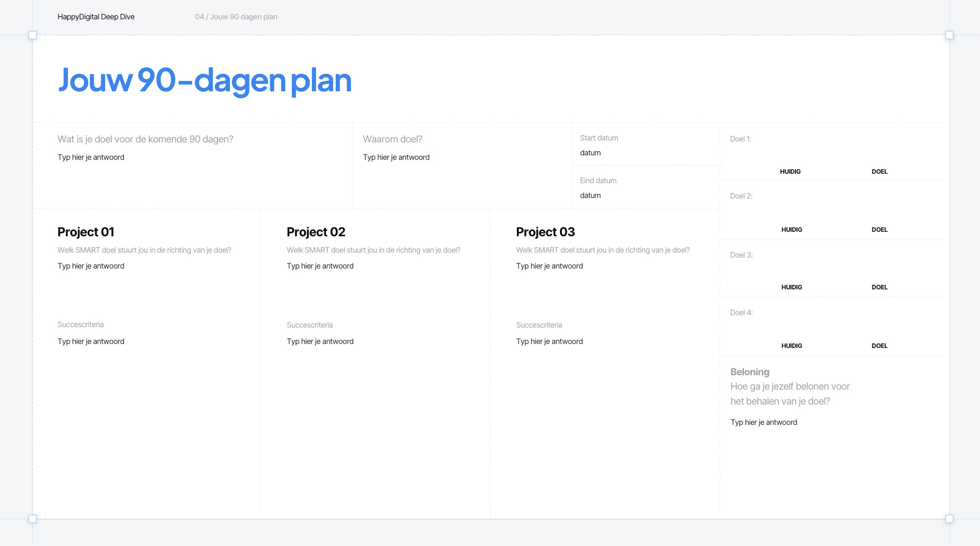 Template voor het 90-dagenplan met 3 projecten, doelen en succescriteria