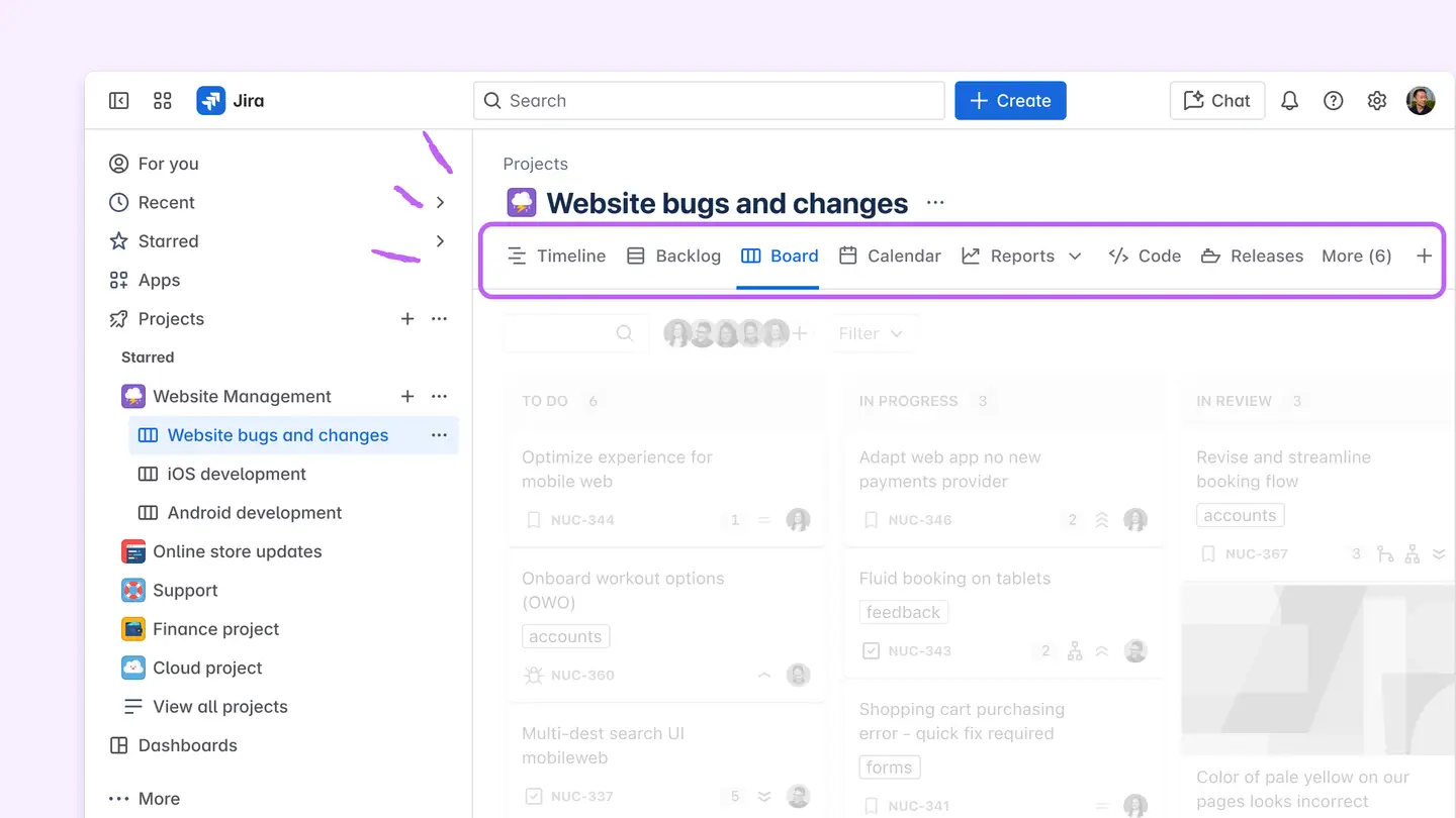 Jira tab-based navigation