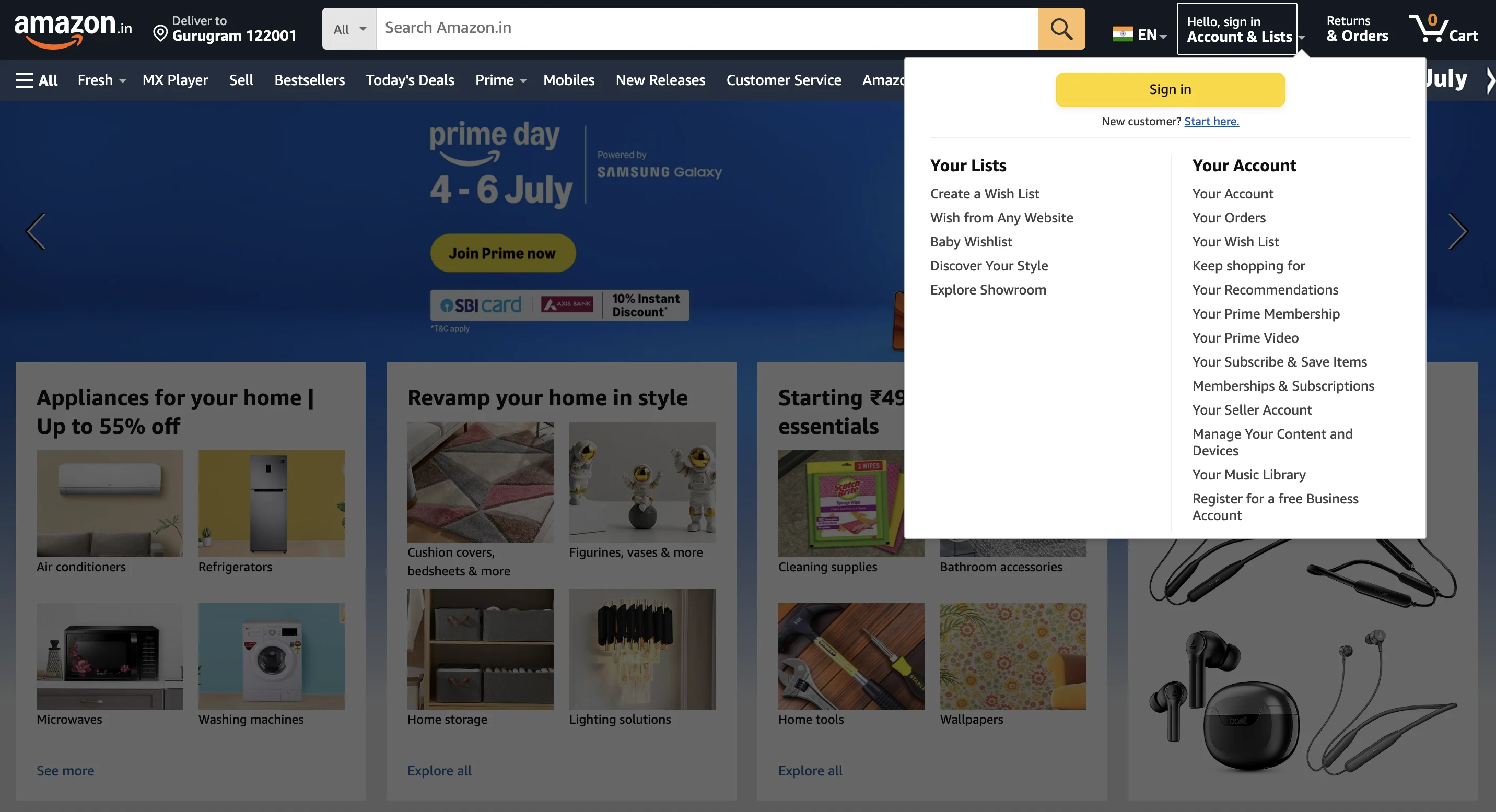 Image depicting the dropdown menu of Amazon