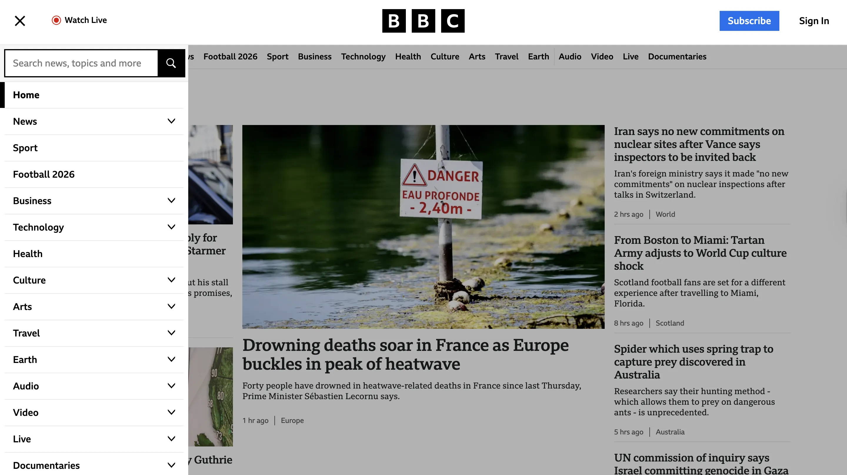 Image depicting the hamburger menu of BBC