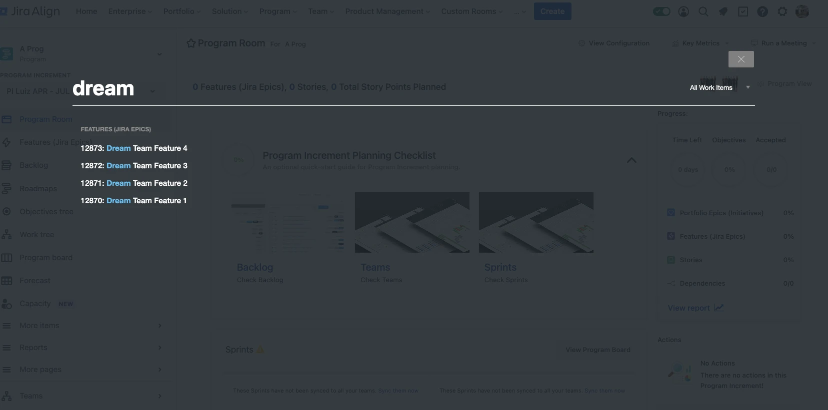 Jira's full-screen or global search overlay navigation