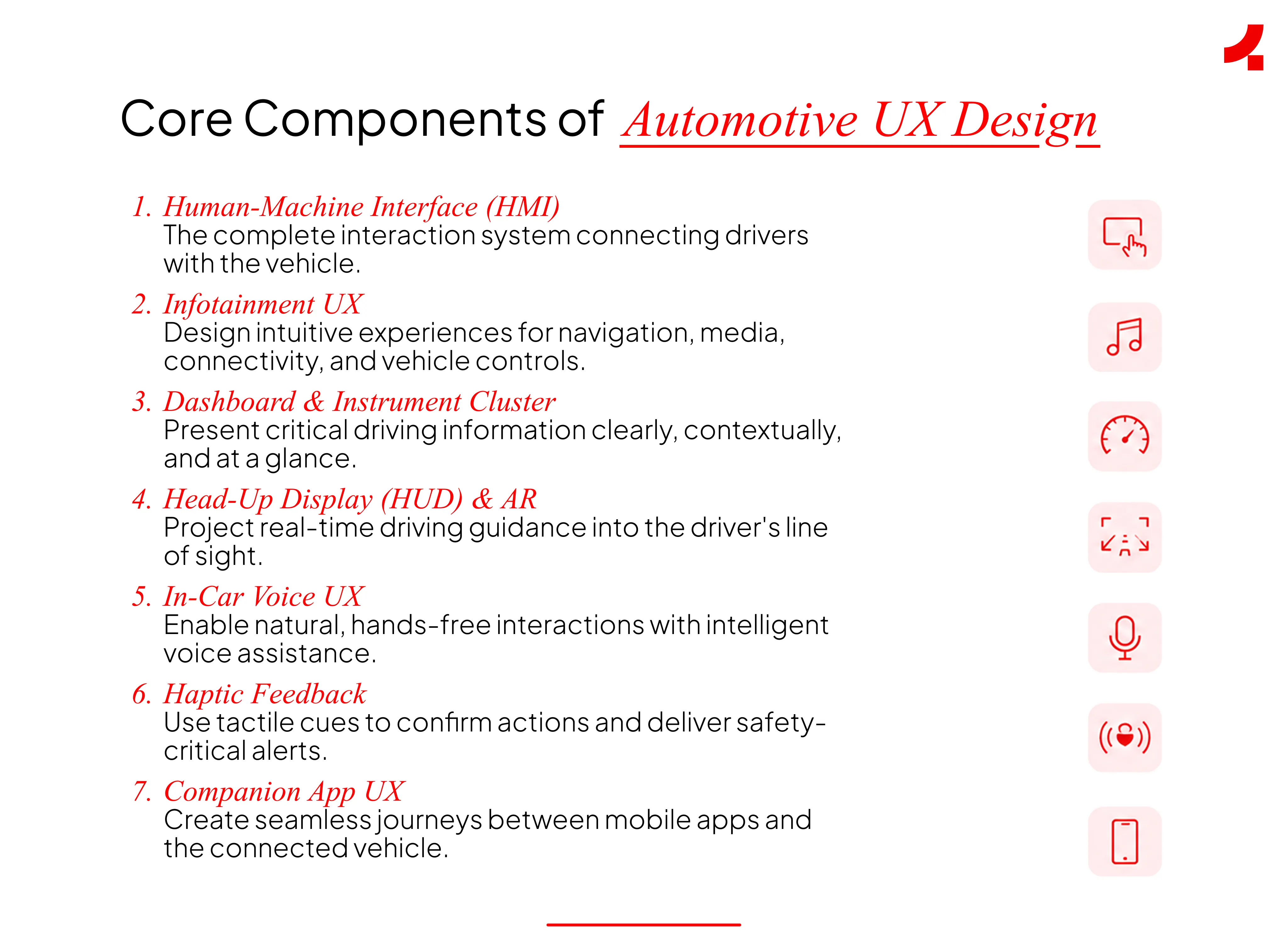 Image depicting the core components of automotive UX design