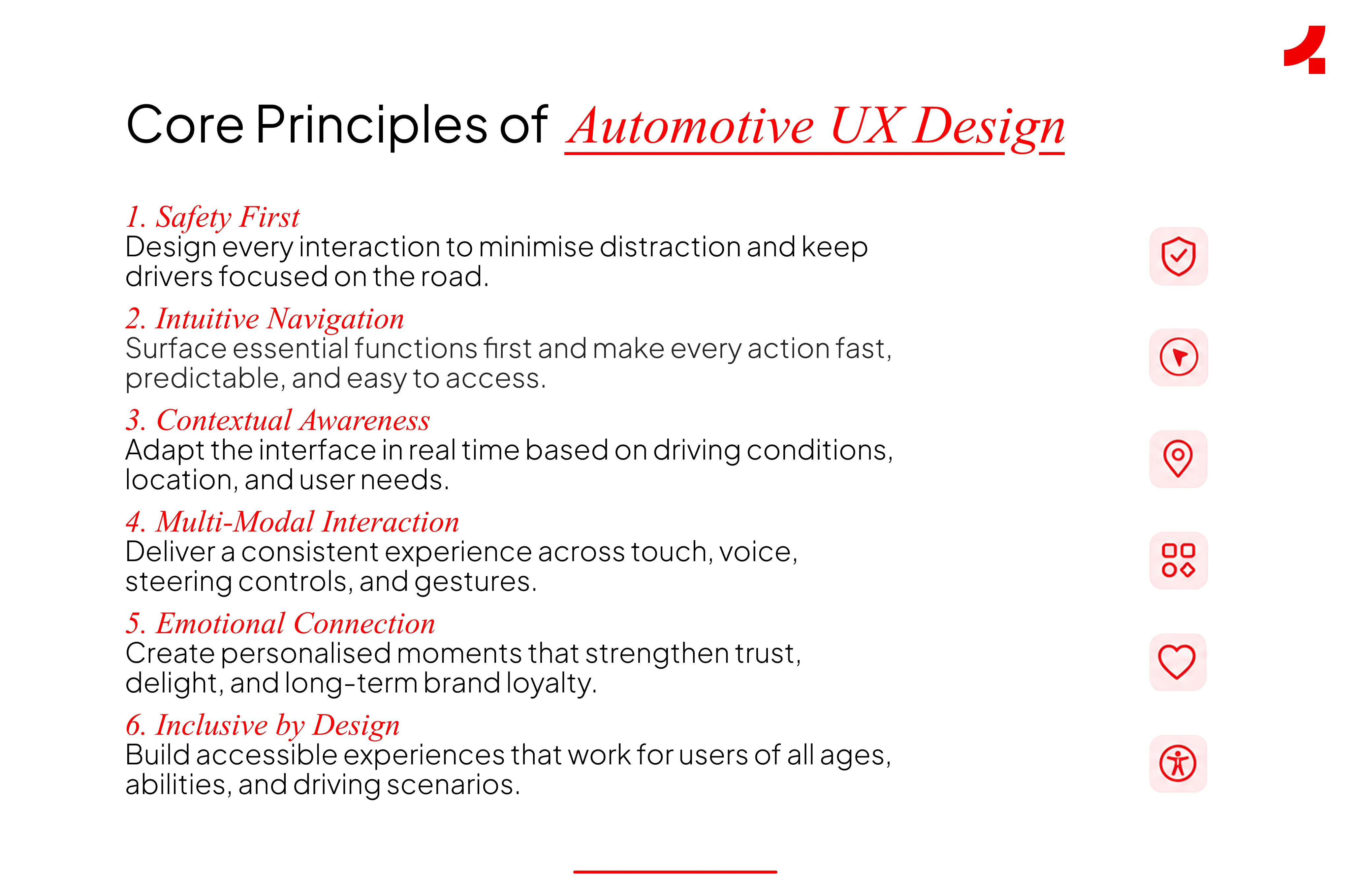 Image depicting the core principles of automotive UX design
