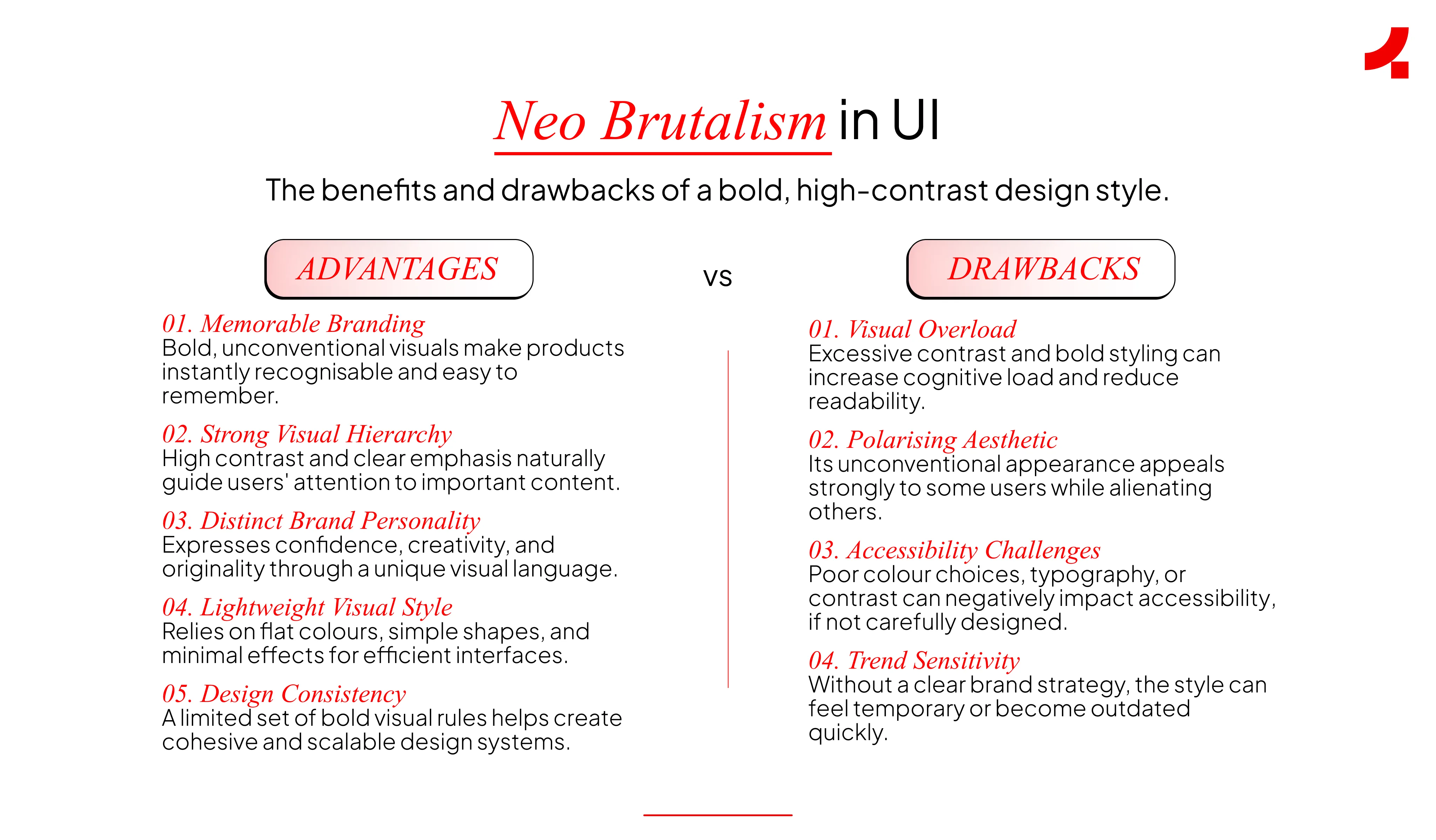 Image depicting the advantages and drawbacks of neo brutalism in UI
