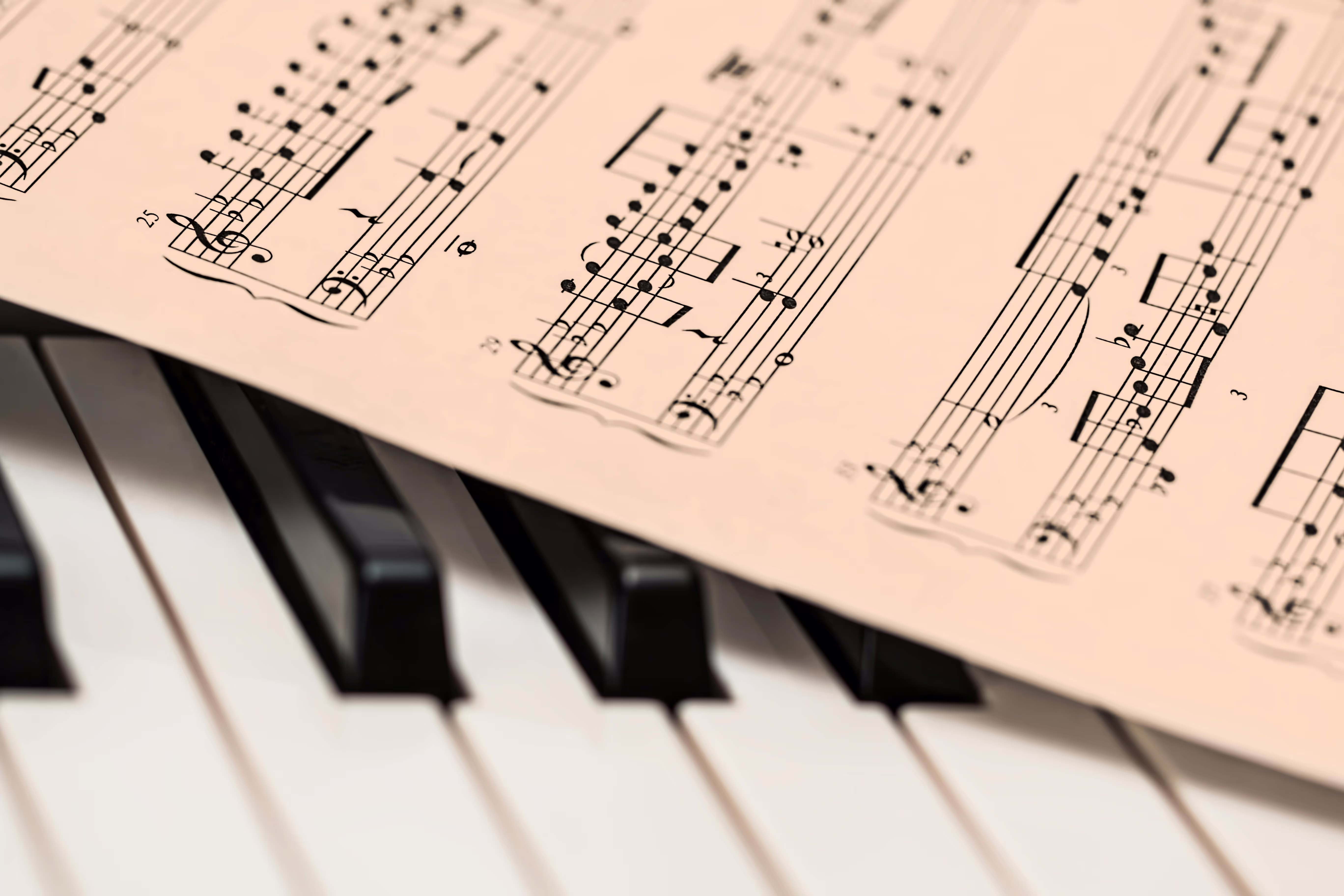 Picture of a music score placed on a piano keyboard
