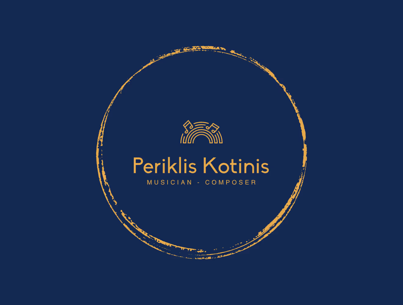 Periklis Kotinis Round Logo. Light orange text in dark blue background saying "Periklis Kotinis, Musician and Composer" in an orange circle