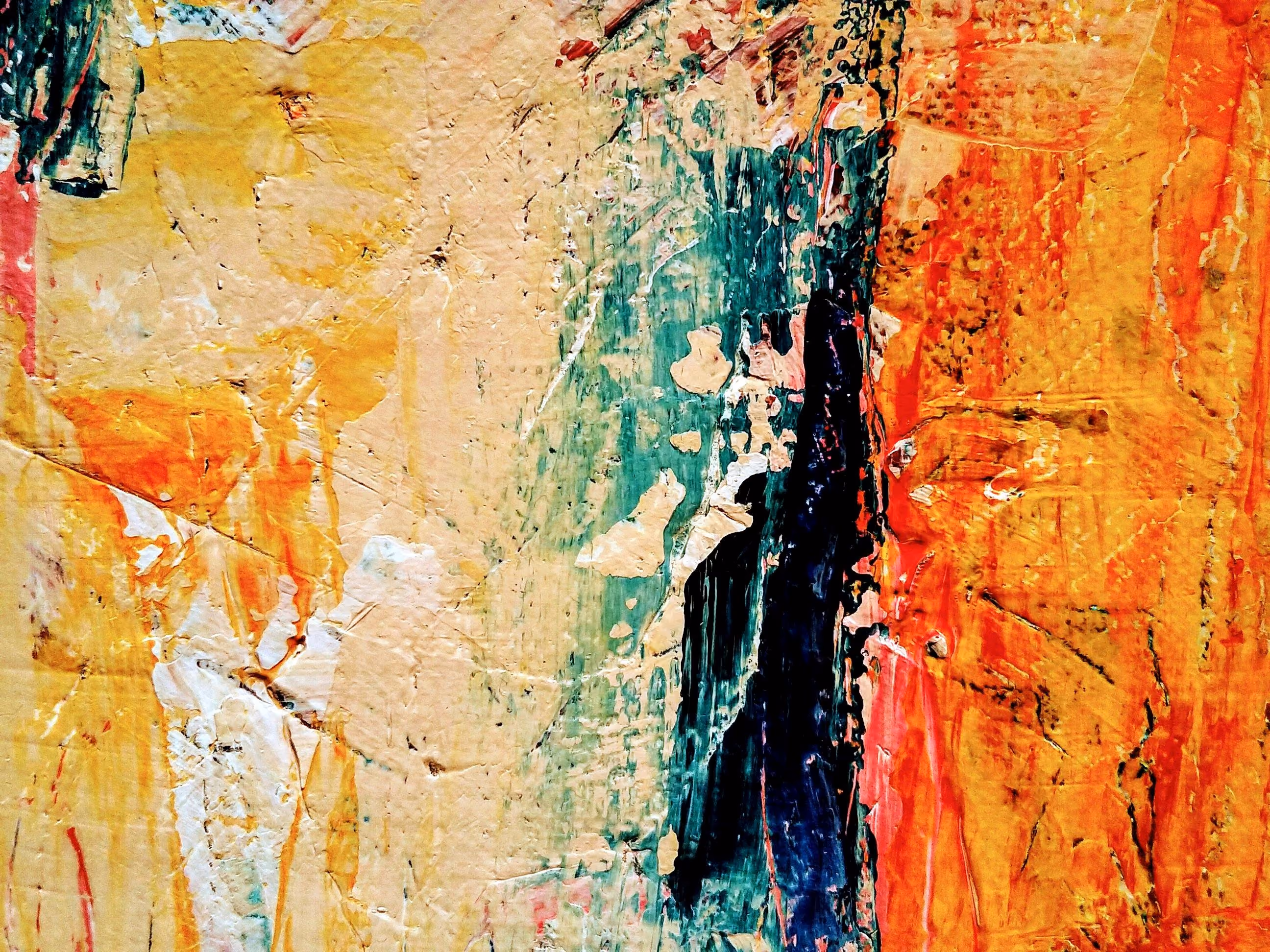 Close-up of textured, abstract painting with vertical bands of orange, yellow, green, black, and beige colors.
