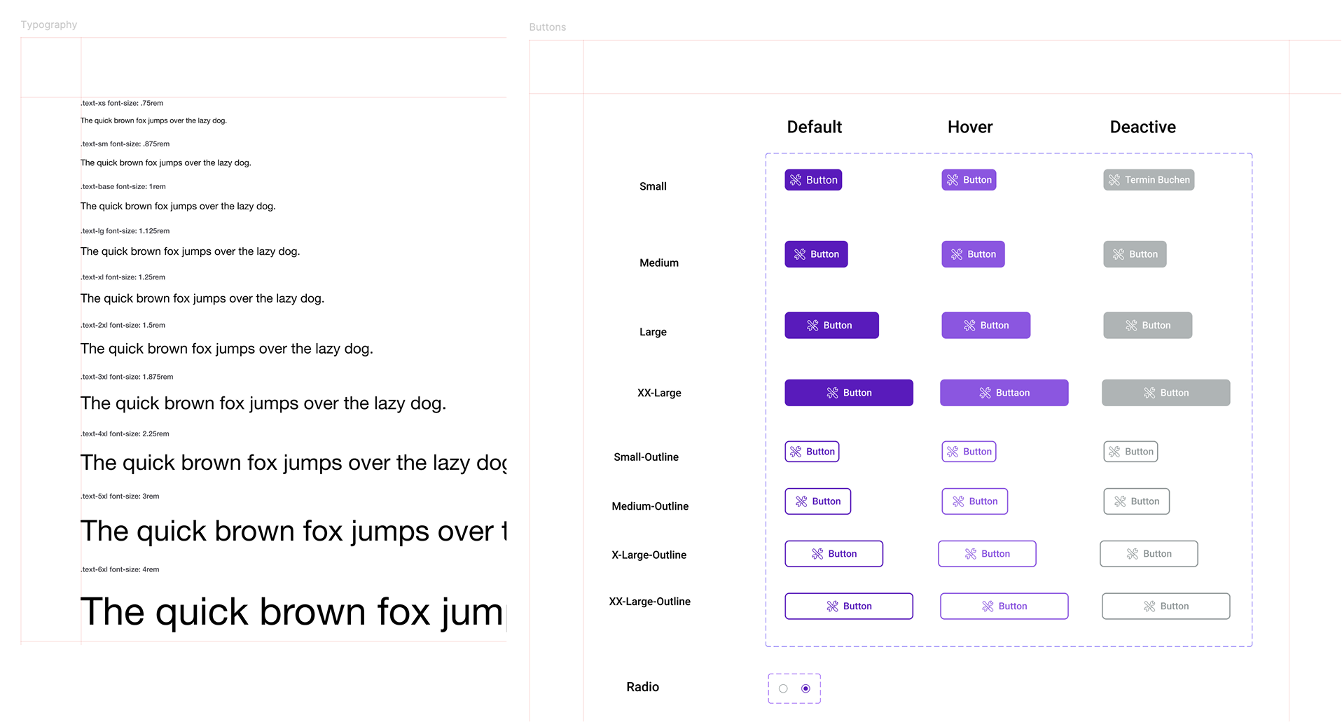 Texte und Buttons in unterschiedlichen Größen und Farben für ein Designsystem mit einer harmonischen Mischung aus Farbtönen und Schattierungen für eine visuelle Designkonsistenz.