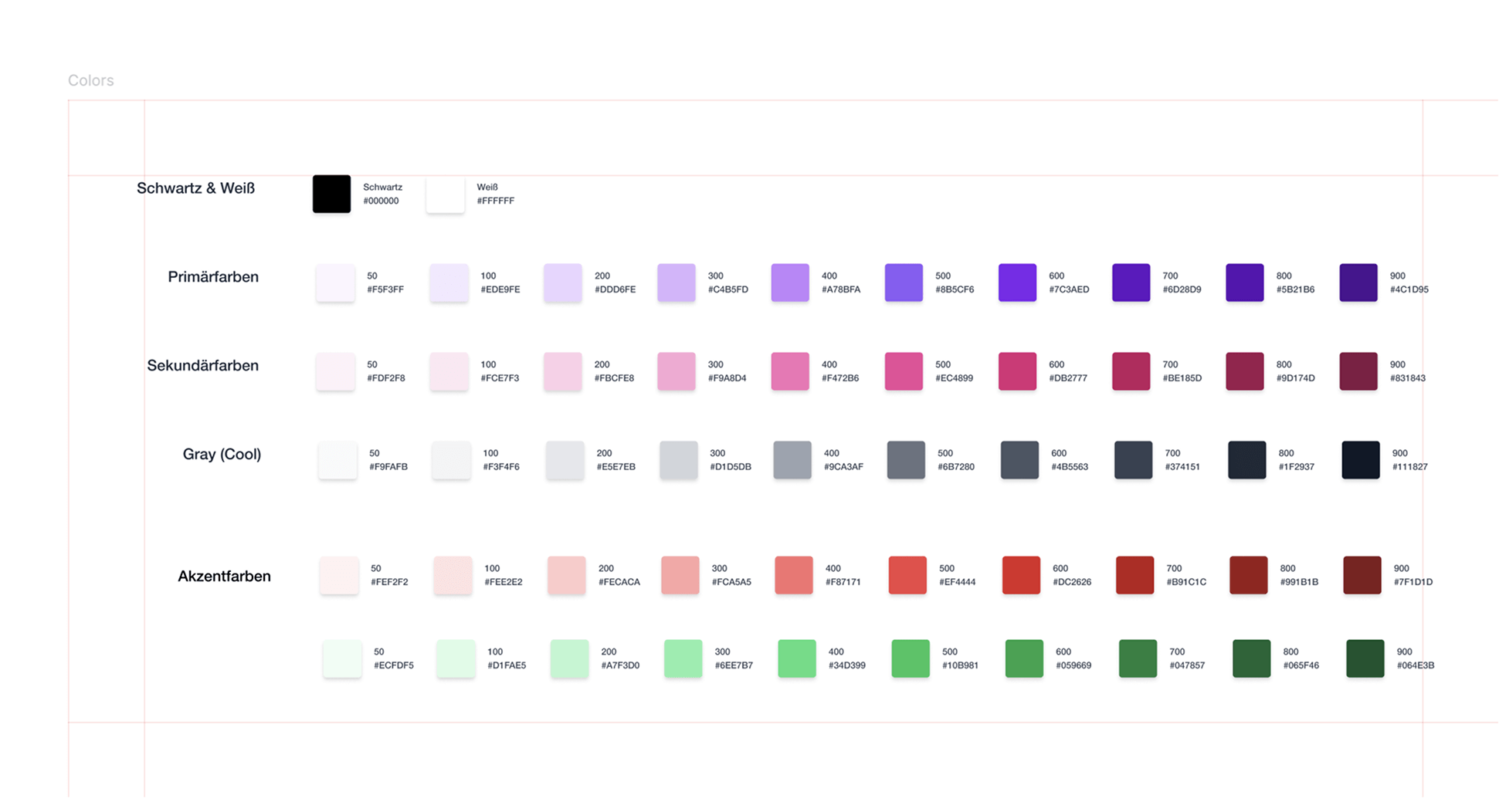 Farbpalette für ein Designsystem mit einer harmonischen Mischung aus Farbtönen und Schattierungen für visuelle Designkonsistenz.