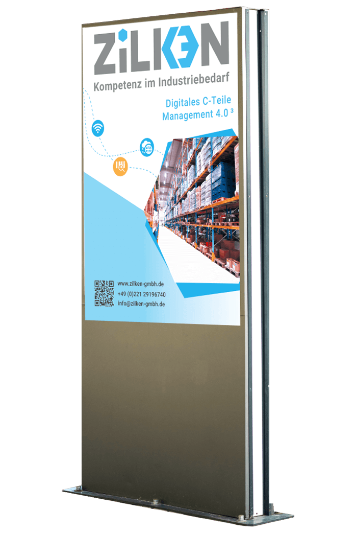 Eine vertikale Beschilderung mit dem Schriftzug „ZILKEN“ und Informationen zum digitalen C-Teile-Management, einschließlich eines QR-Codes und Kontaktinformationen.