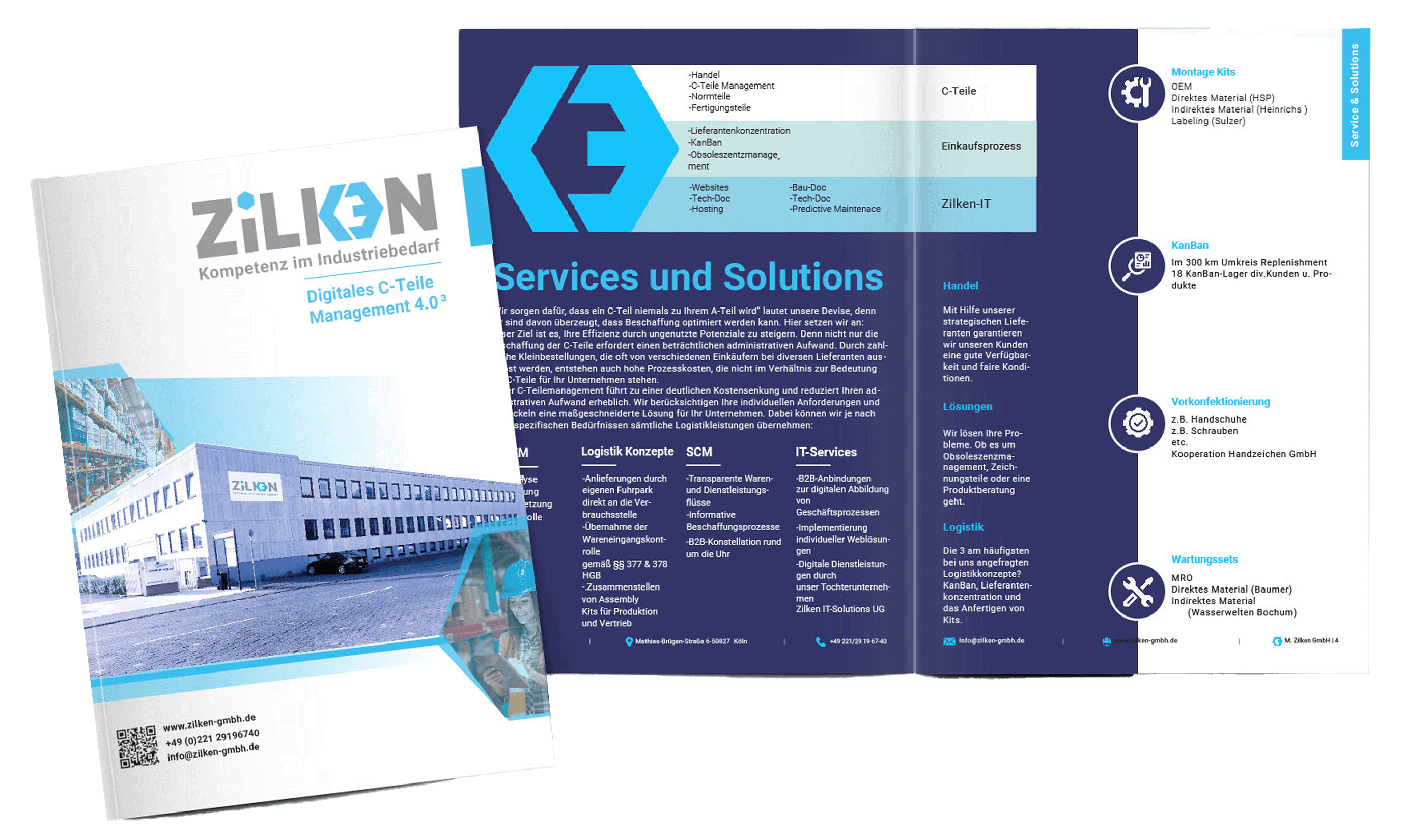 Broschüre mit modernen Designs und informativem Layout, die die Dienstleistungen und Lösungen von Zilken vorstellt.