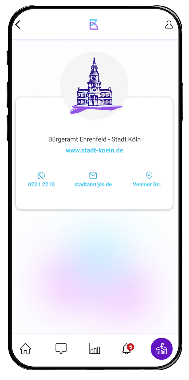 Mobile App-Oberfläche mit den Kontaktdaten des Bürgeramts Ehrenfeld, der Stadt Köln und einem stilisierten Gebäudesymbol.