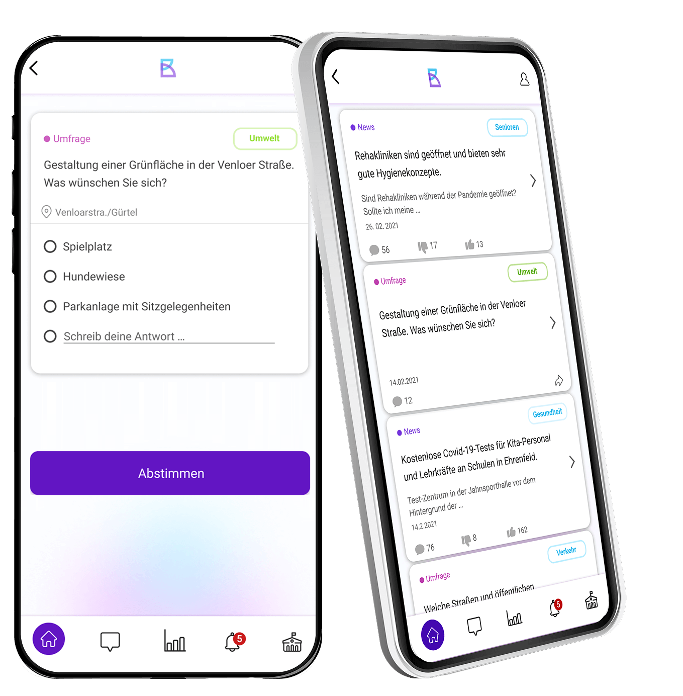 Smartphone displaying the logo and name "Bürgerbeteiligung" against a soft gradient background.