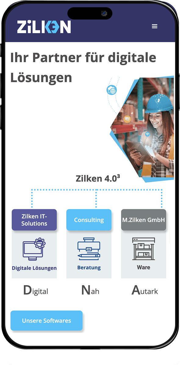 Ein Smartphone zeigt die Zilkon-Website, die Dienstleistungen für industrielle Bedürfnisse und Digitalisierung präsentiert, vor einem Lagerhaus-Hintergrund.