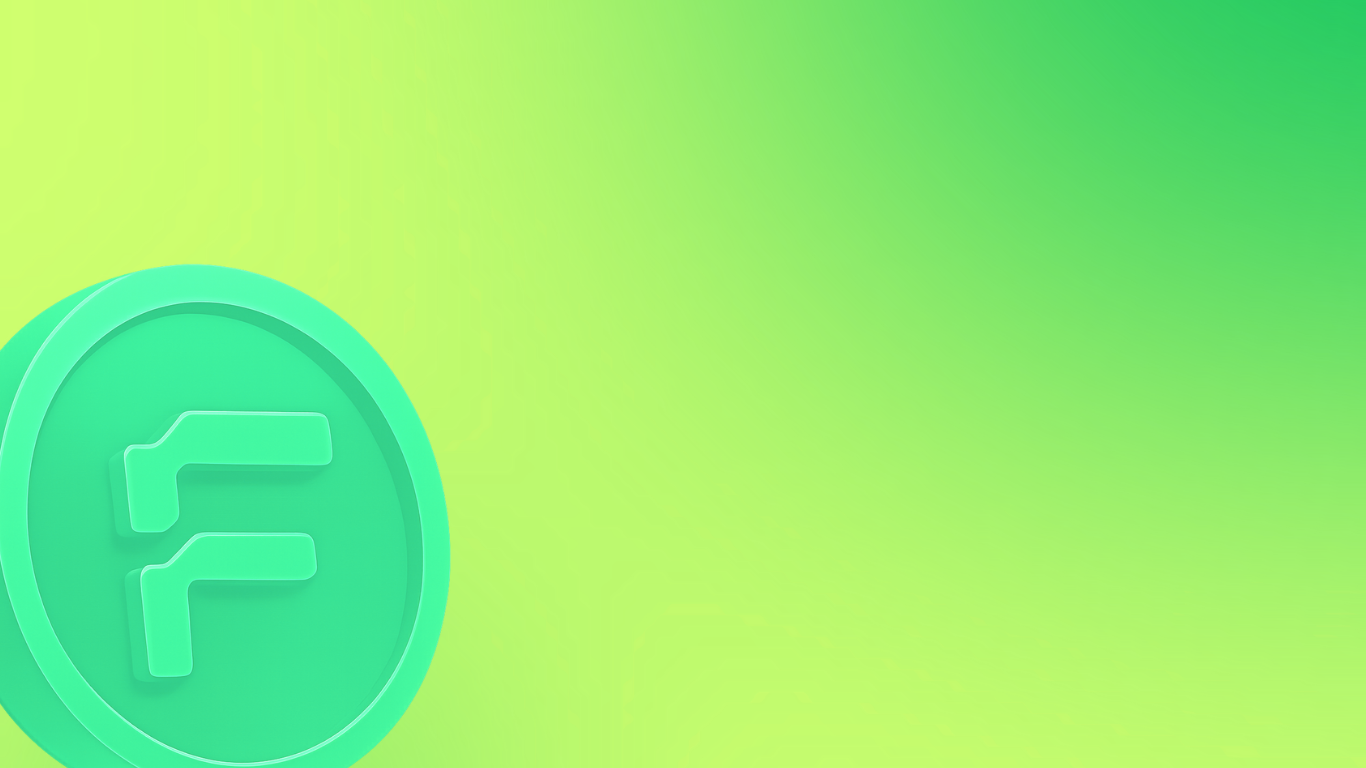 Green 3D coin with stylized letter F on a gradient green background.