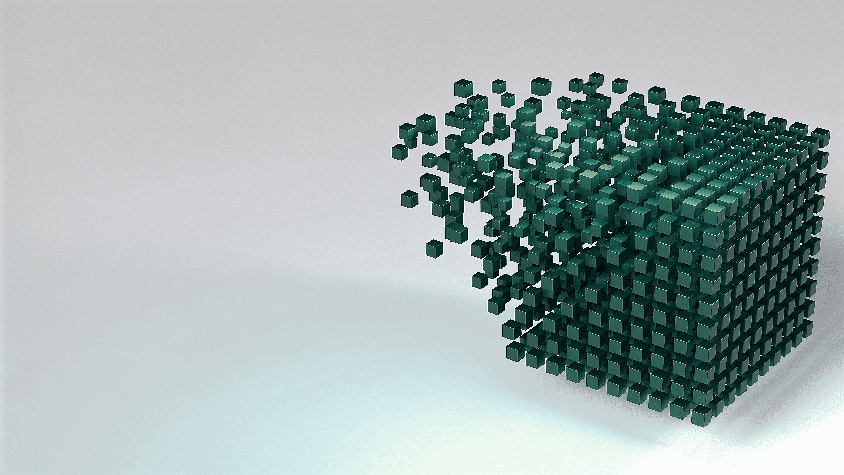 3D rendering of a large dark green cube composed of smaller cubes, with cubes dispersing from its left side against a light gray background.
