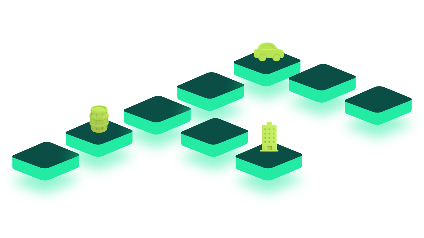 Isometric illustration of nine green and teal platforms, with a yellow-green car on the top right platform, a barrel on the middle left platform, and a building on the bottom middle platform.