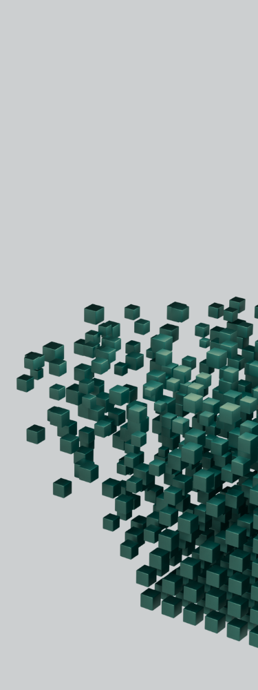 Cluster of dark green 3D cubes scattered and floating on a light grey background.