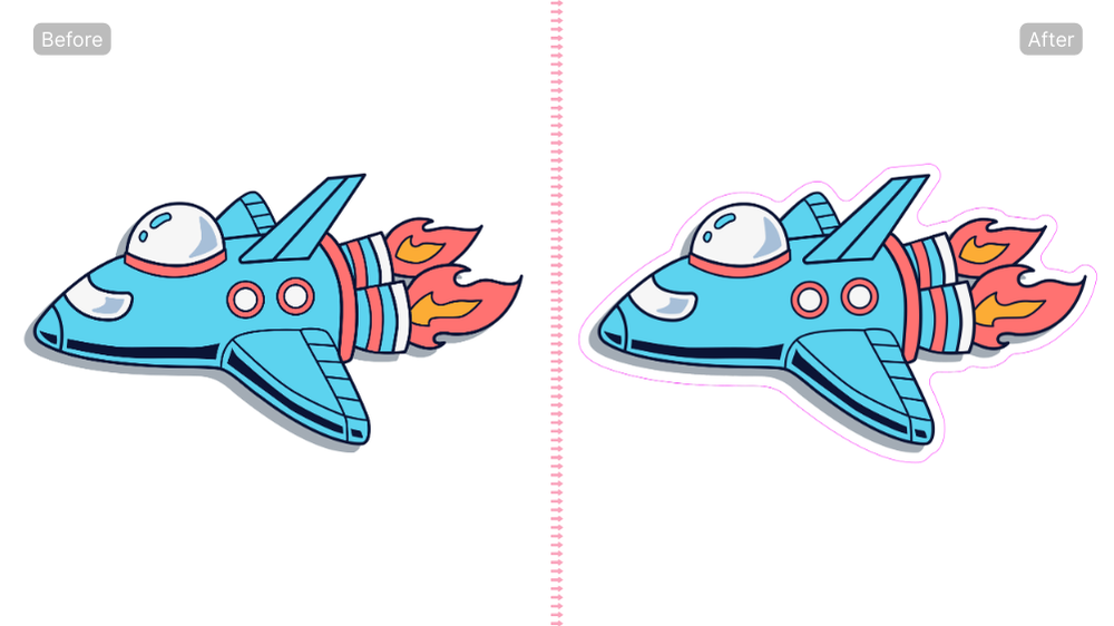 Before and after of a blue rocket with custom generated cut path