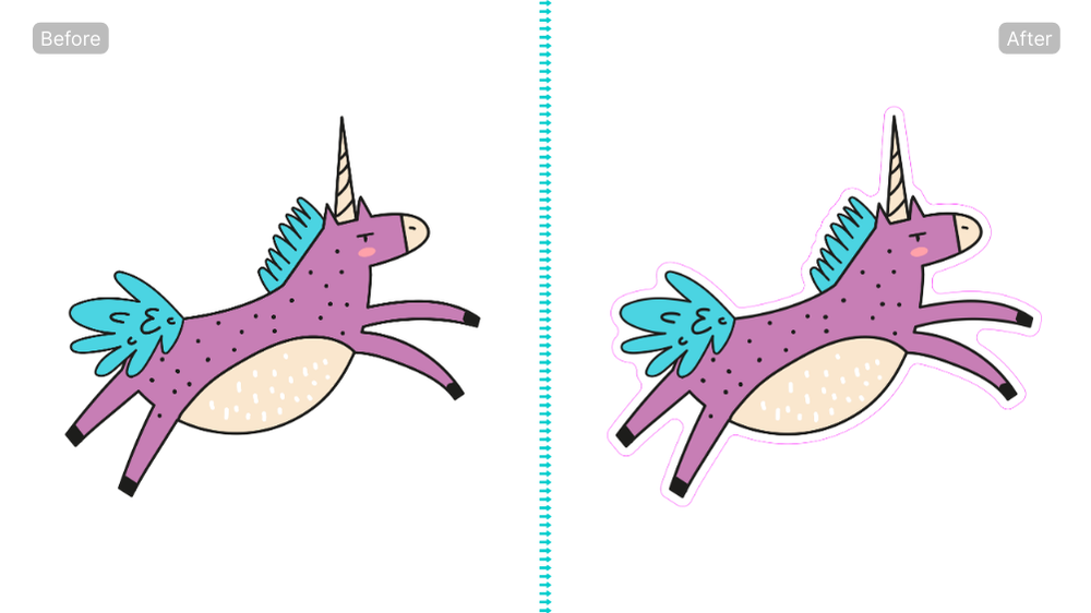 Before and after of a unicorn design with custom generated cutline