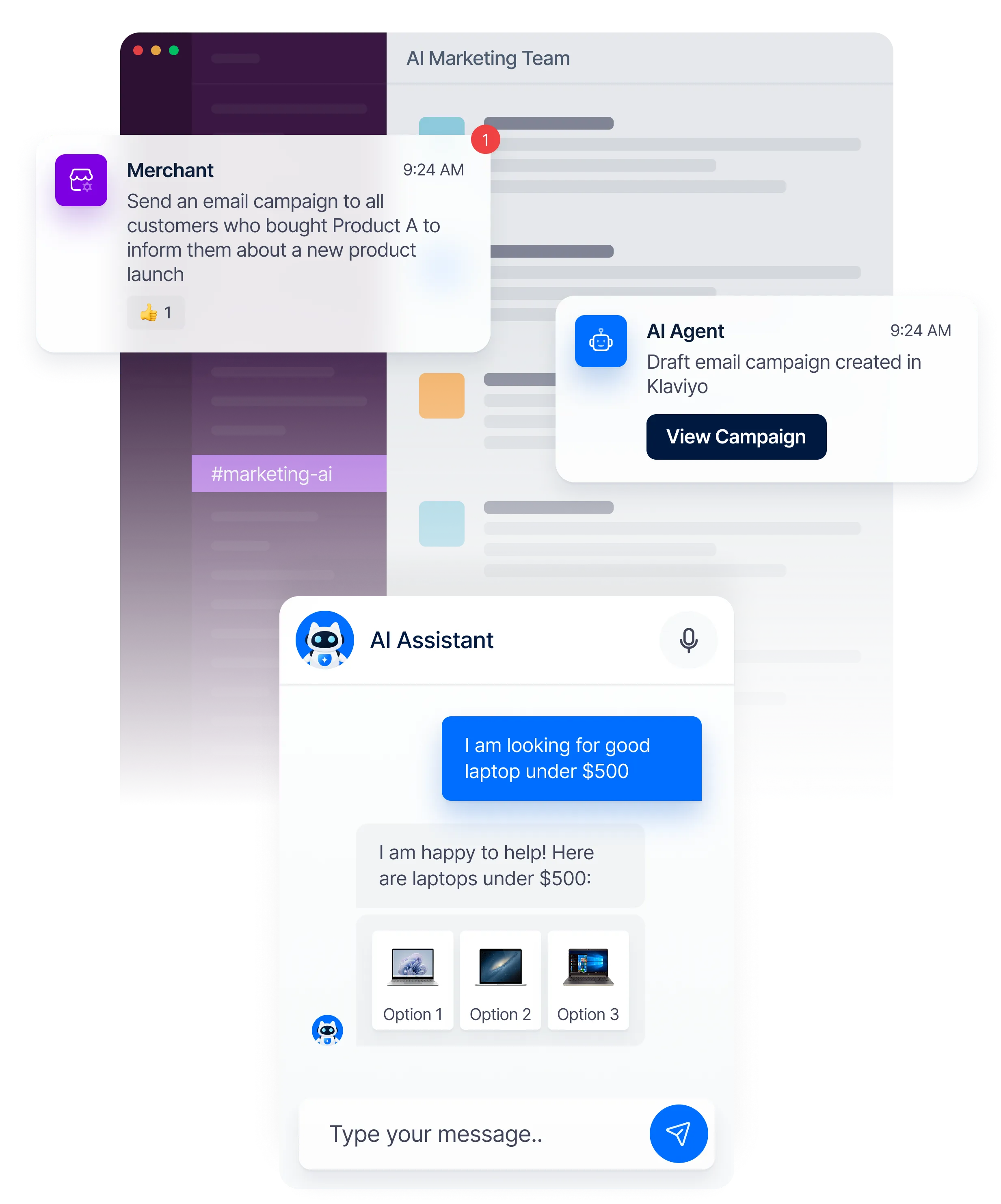 Illustration of an AI assistant chatting with a user, showing product suggestions and automated notifications for email campaigns.