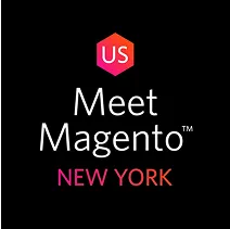 Meet Magento New York logo with a hexagon containing US above the event name on black background.