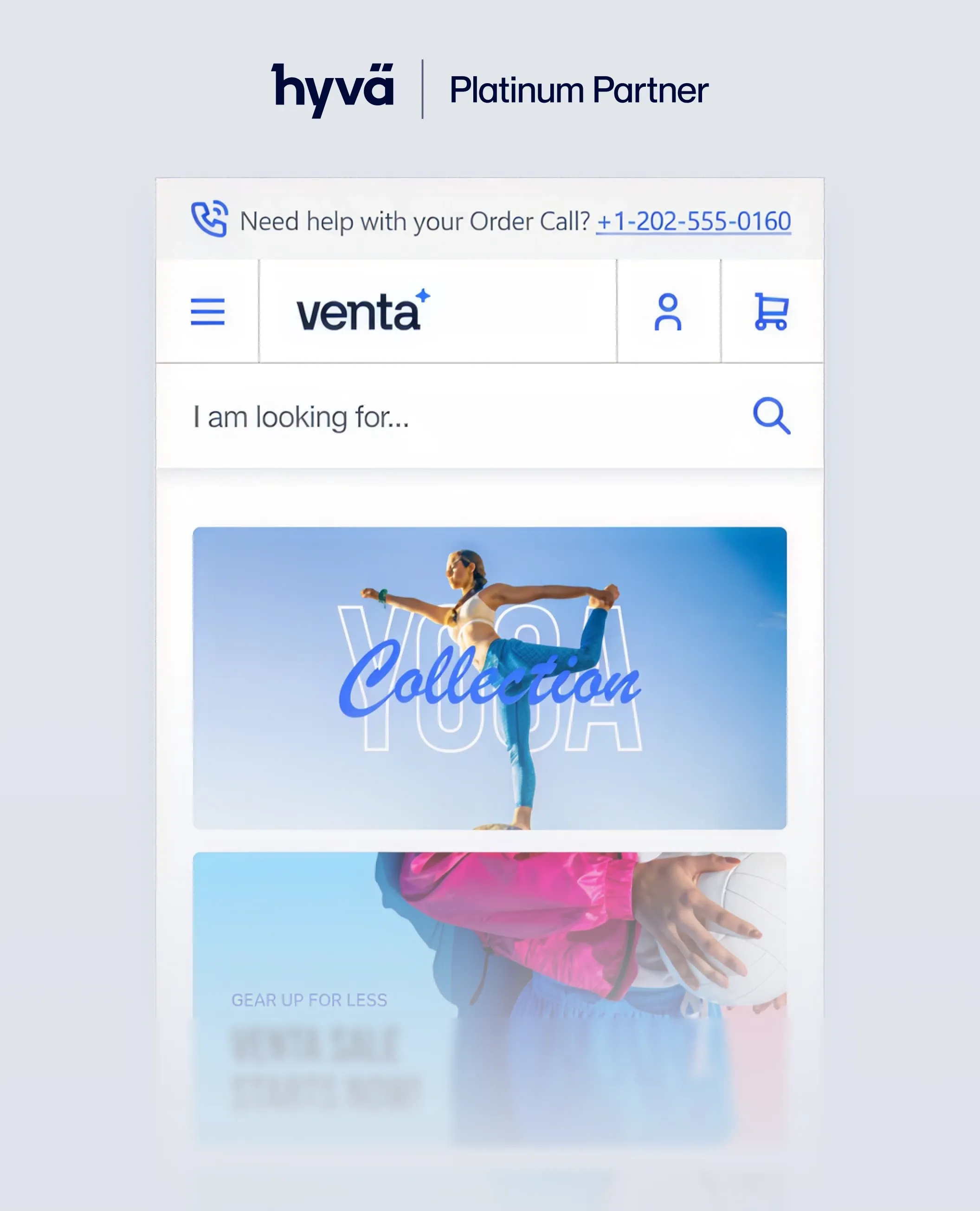 Hyvä Platinum Partner banner above a mockup of Venta website featuring a yoga collection image.