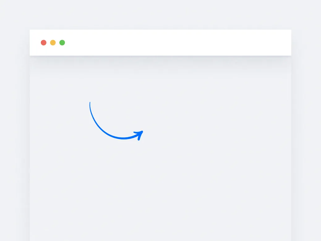 Blank web browser window with red, yellow, and green buttons and a blue curved arrow pointing down.