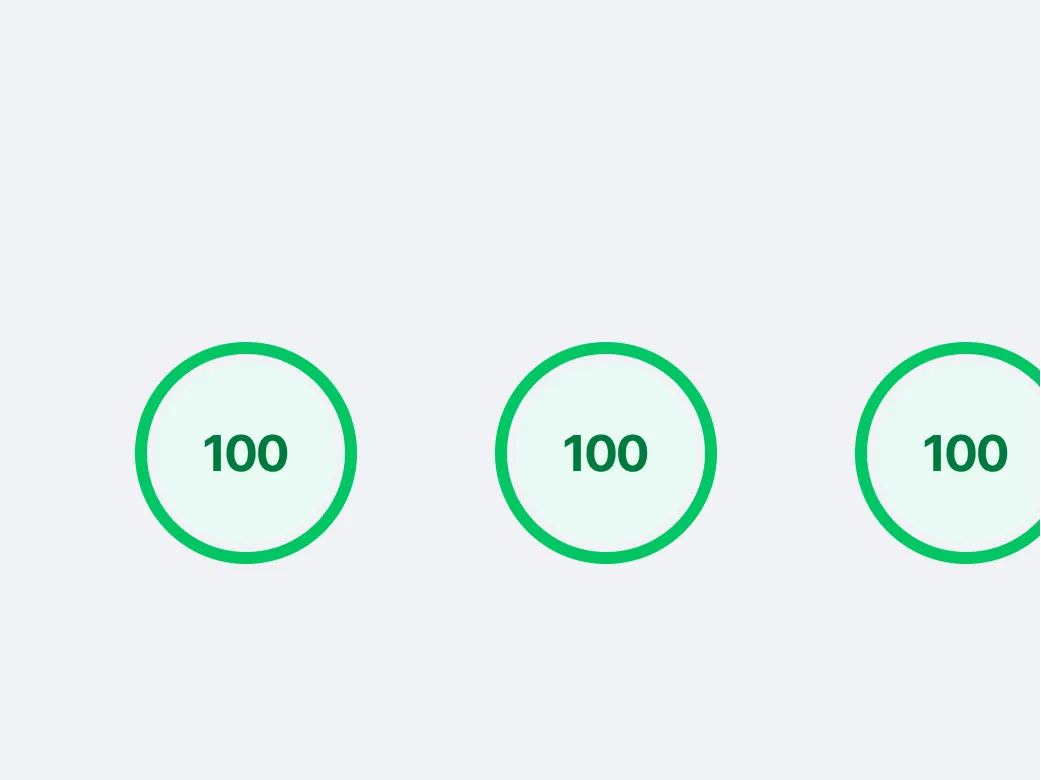 Three green circles side by side each containing the number 100 inside on a light background.
