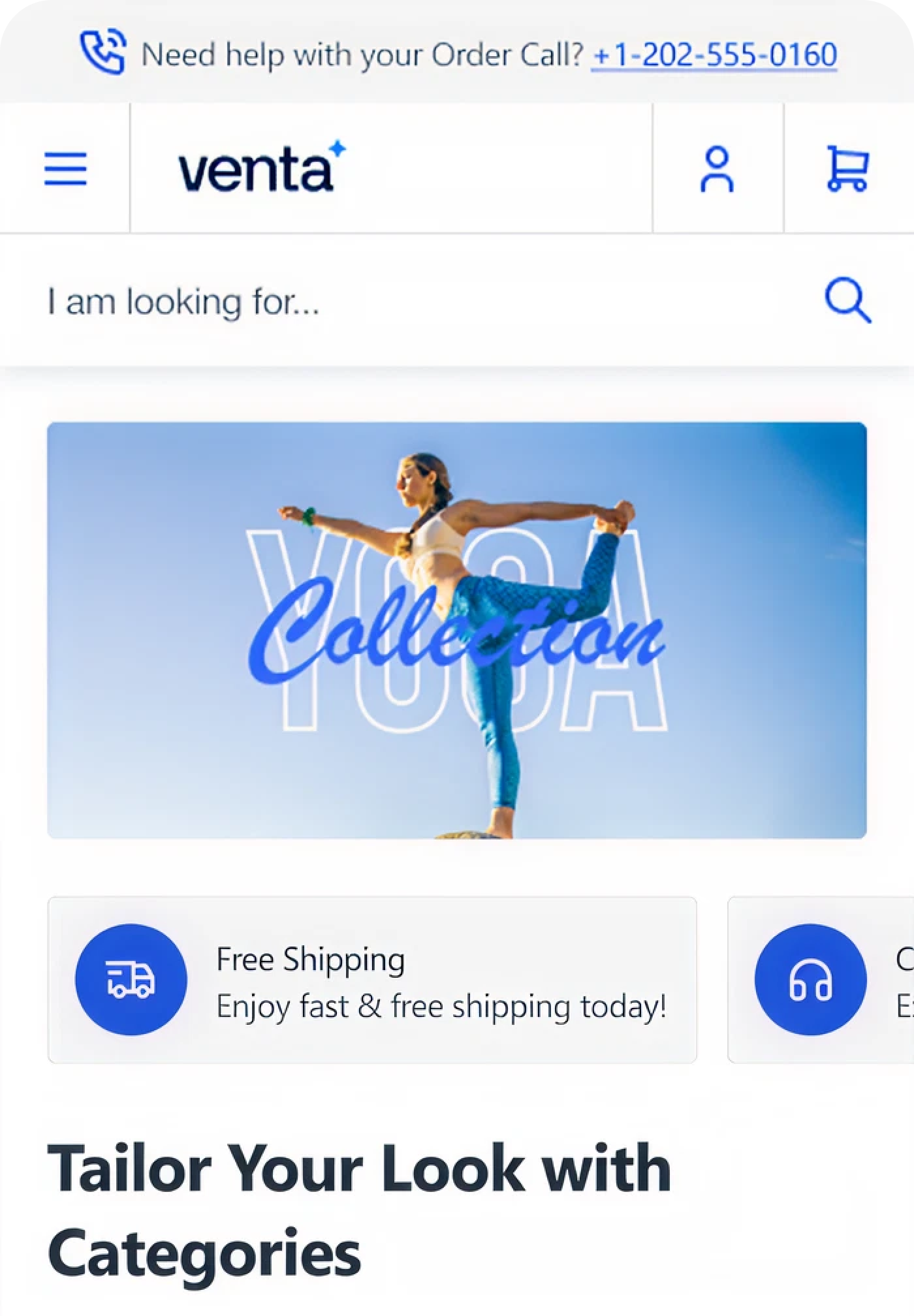 Online store with yoga collection image and categories for women’s and men’s apparel, bags, watches, and sale.