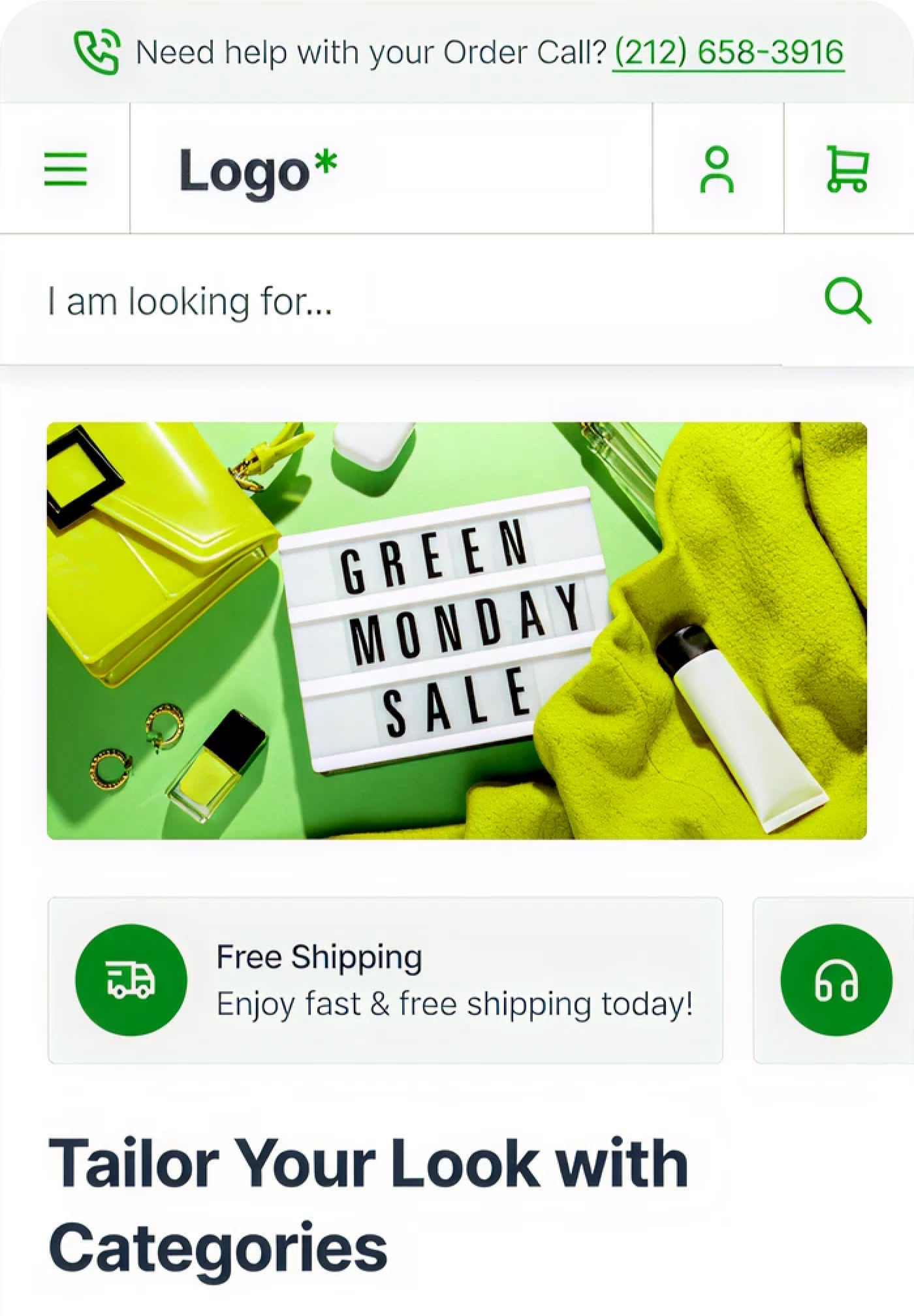Mobile clothing store page with Green Monday Sale banner and categories for men and women apparel.