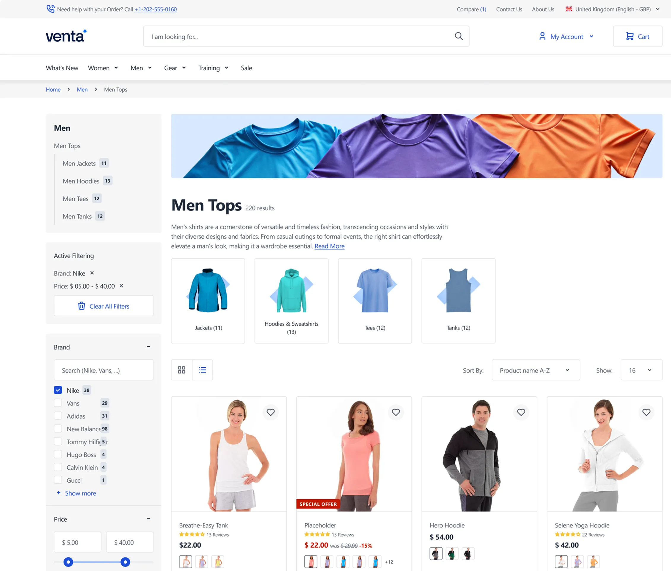 E-commerce webpage showing men's tops, filters by brand Nike and price. Products include tanks, hoodies, tees.